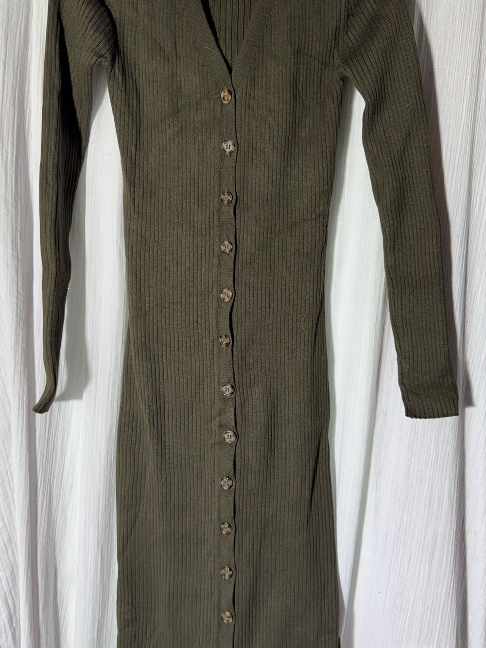 Ribbed Button-Front Long Sleeve Dress - Olive